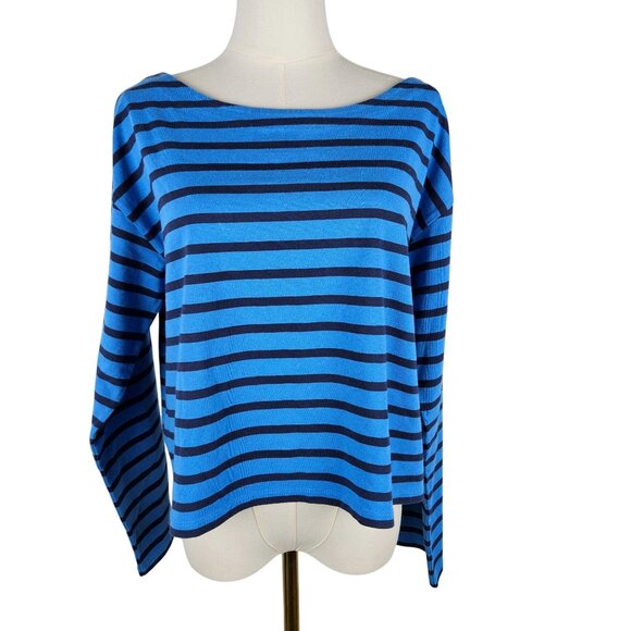J.Crew Cropped Fit Blue & Navy Striped Cotton Top Size Large Preppy - Picture 1 of 9